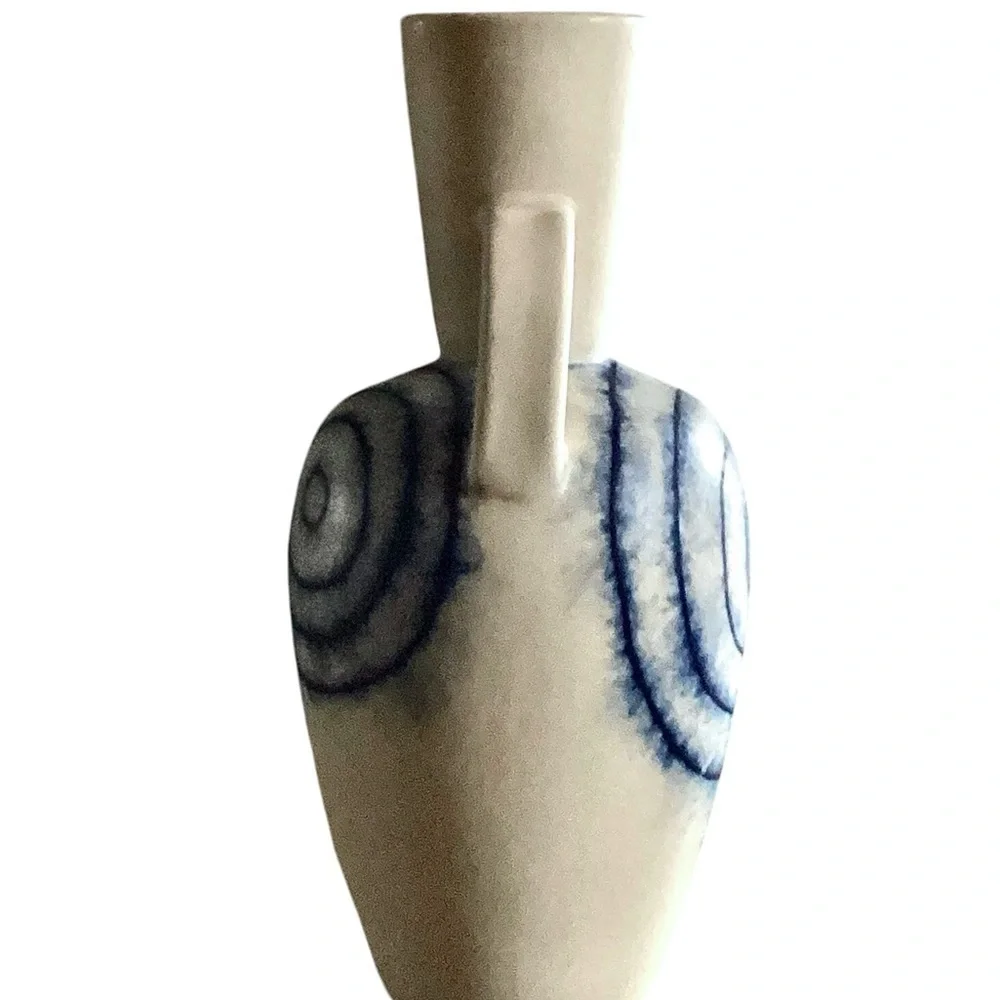 Thailand Natural & Blue Double Handled Artesian Pottery Vase Aztec Design New